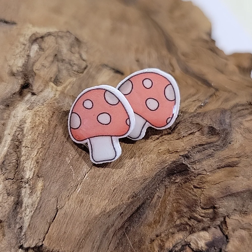 Mushroom Stud Earrings, choice of red or pink - Picture 5 of 5